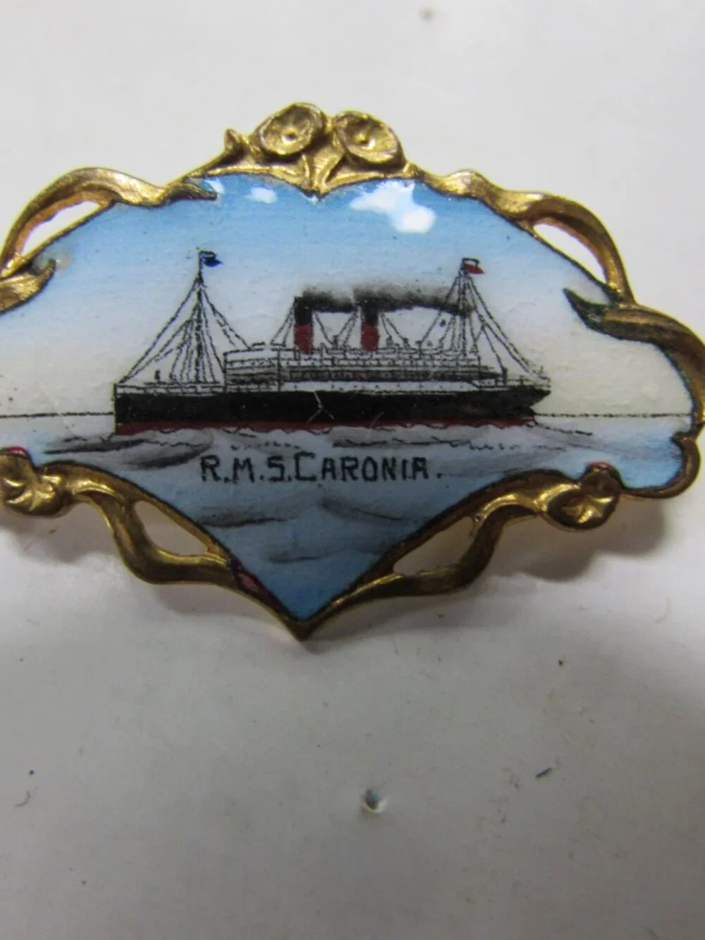 Antique Brooch Souvenir RMS Caronia Cunard Ocean Liner Blue Enamel